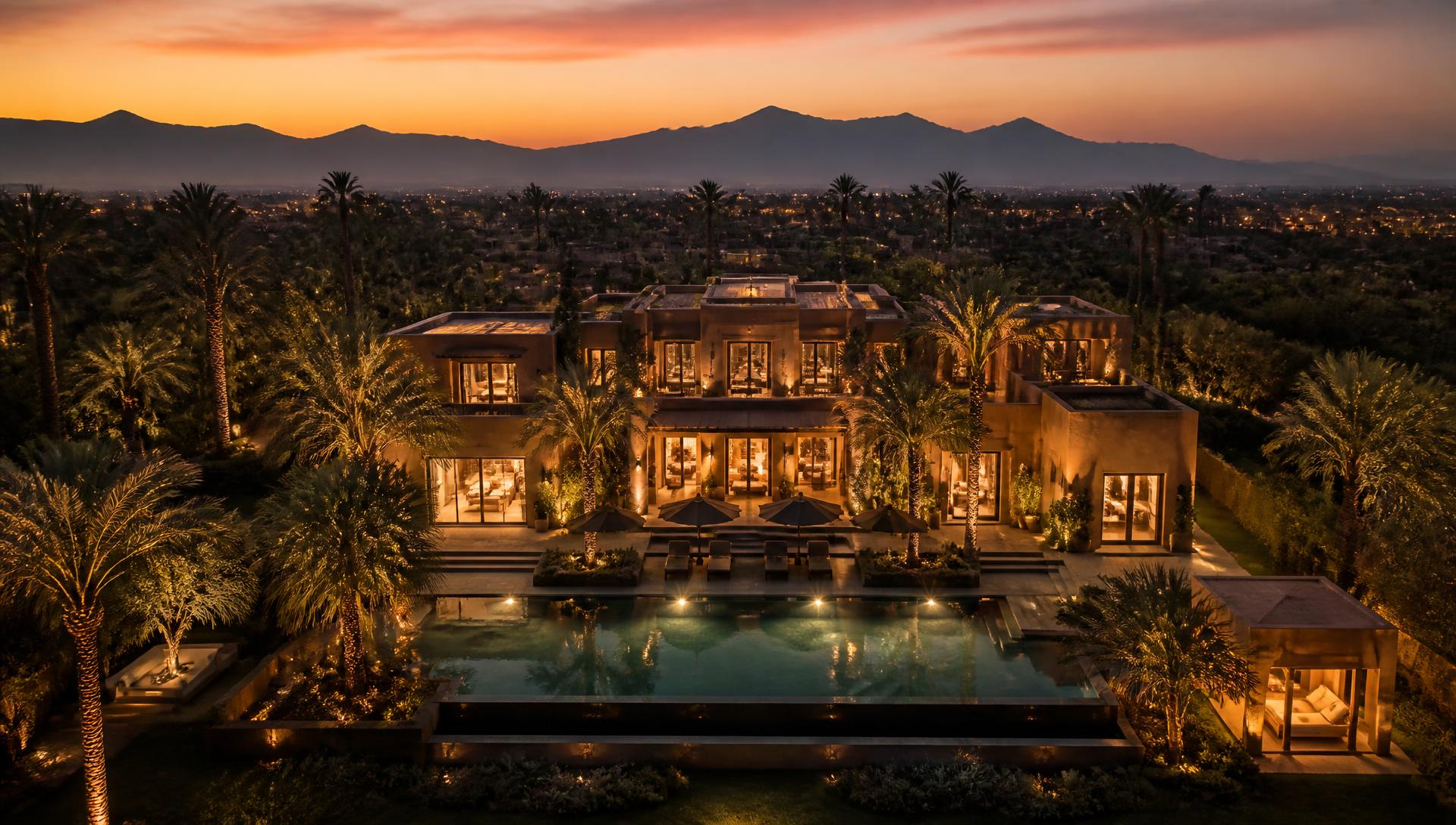 Luxury villa with infinity pool in the Marrakech Palmeraie at sunset